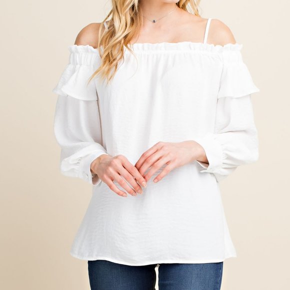 Blushing Heart Tops - Romantic Ruffled Detail Off Shoulder Blouse.